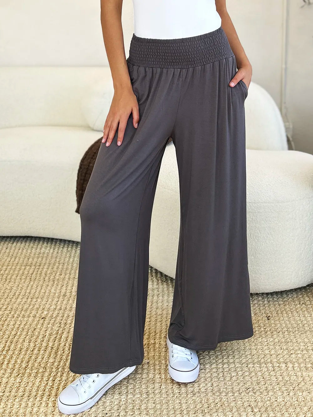 Basic Bae Full Size Smocked Wide Waistband Wide Leg Pants