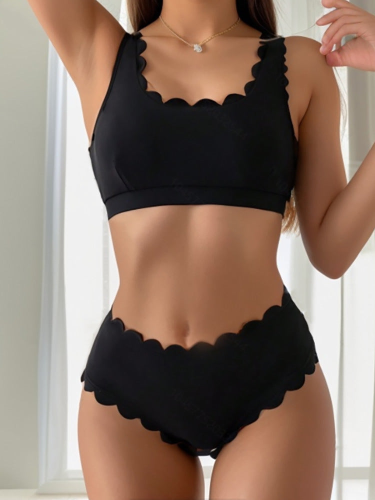 New Style Swimsuit Women's Sexy European and American Bikini Solid Color Split Swimsuit Women's High-end Sense Lace High Waist Vacation Swimsuit