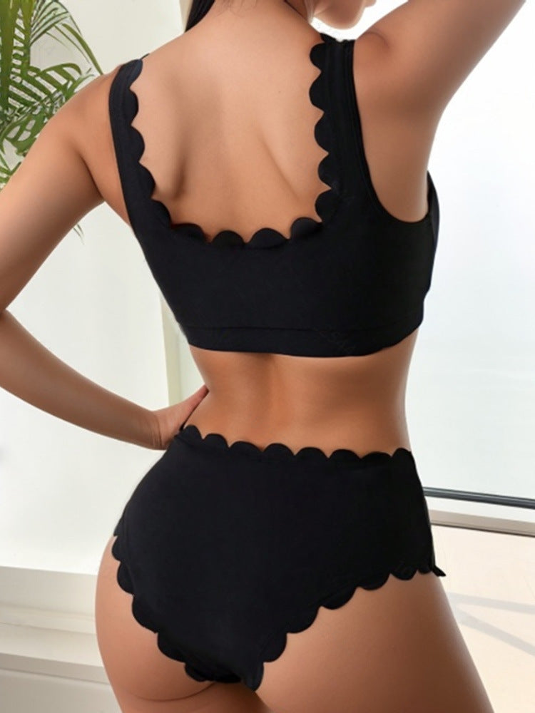 New Style Swimsuit Women's Sexy European and American Bikini Solid Color Split Swimsuit Women's High-end Sense Lace High Waist Vacation Swimsuit