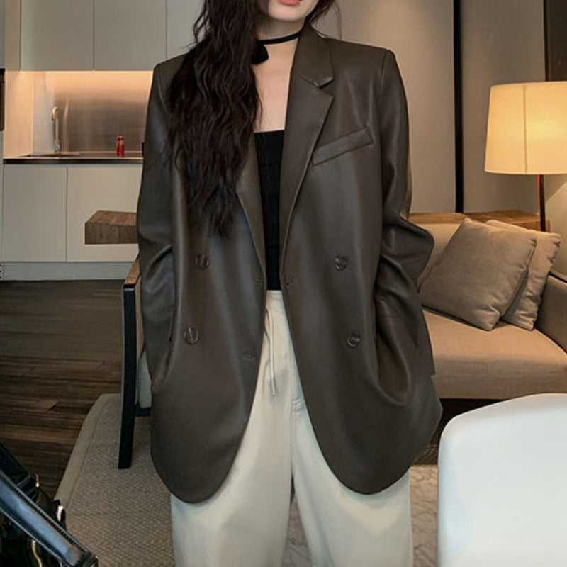 Suit Leather Jacket Women's Design Sense Niche PU Leather High-end Sense Fried Street Loose Casual Black Elegant Suit Fashion