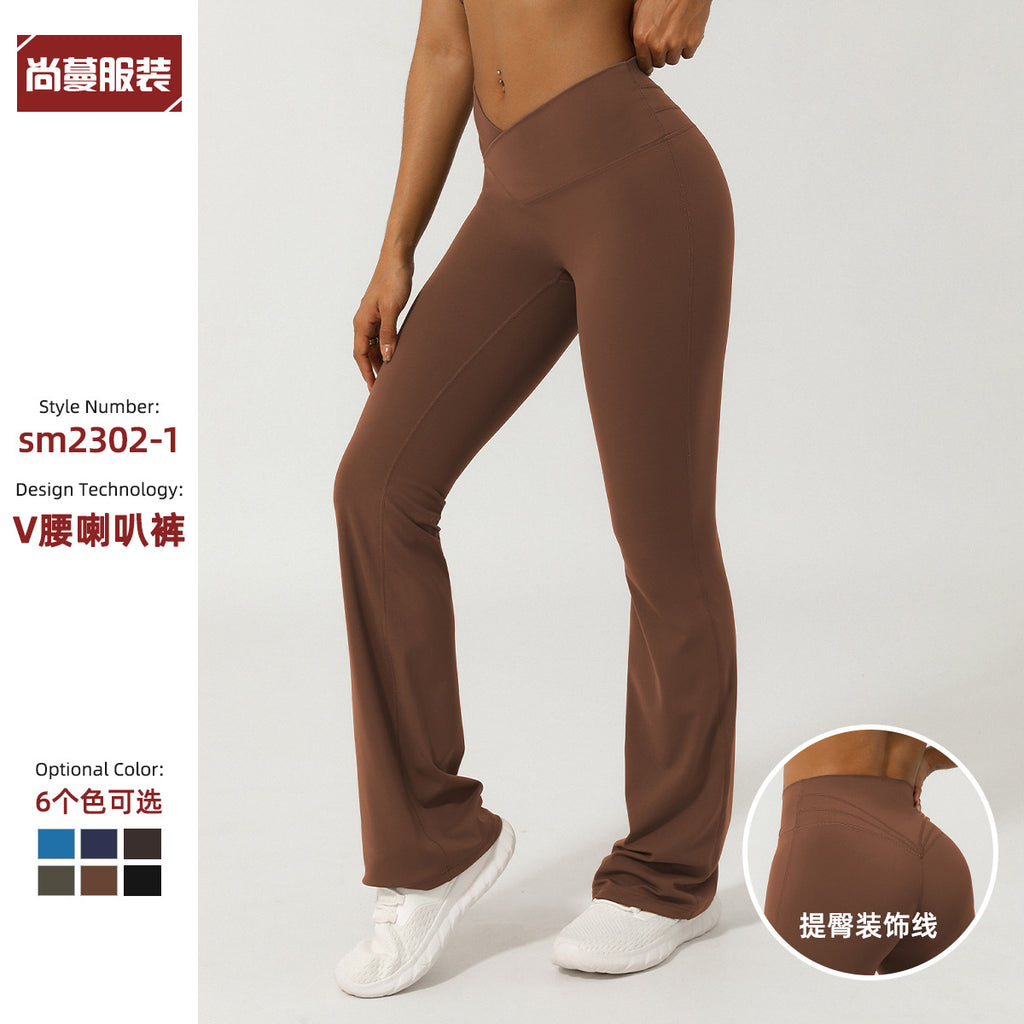 European and American nude V-waist cross wide-leg pants women's peach hip fitness sports yoga T-free pants casual flared pants
