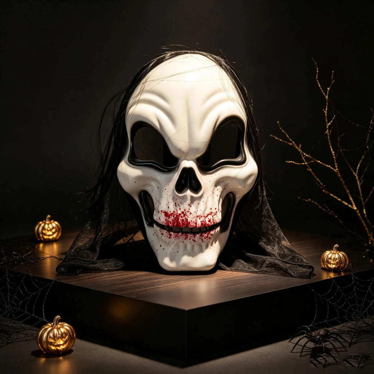 Halloween Horror Skeleton Mask Eco‑Plastic With Black Wig Mesh Hood Bloody Print Full Face Mask for Adult Masquerade Ghost Theme