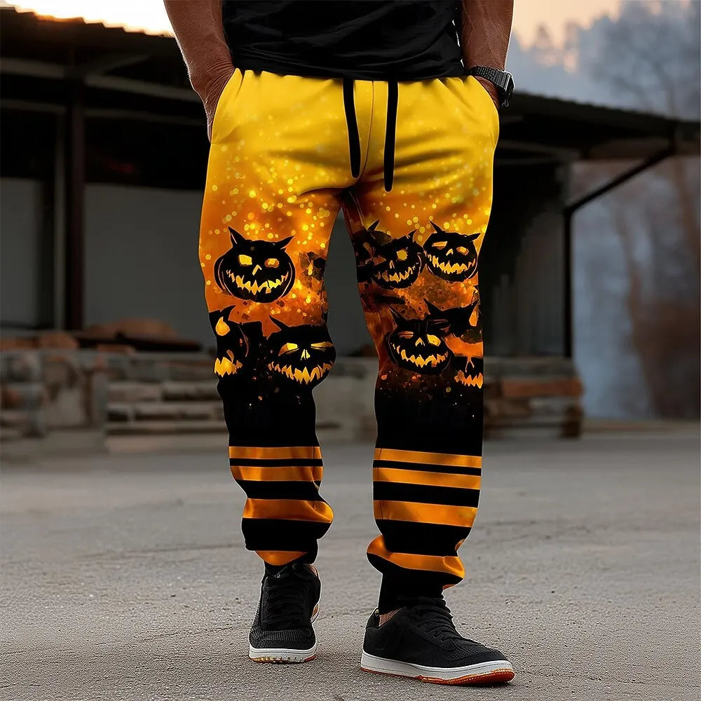 Pumpkin Bat Halloween Costumes Pants Men's Side Pockets Elastic Drawstring Sweatpants Joggers Pants Casual Trousers Fall Winter
