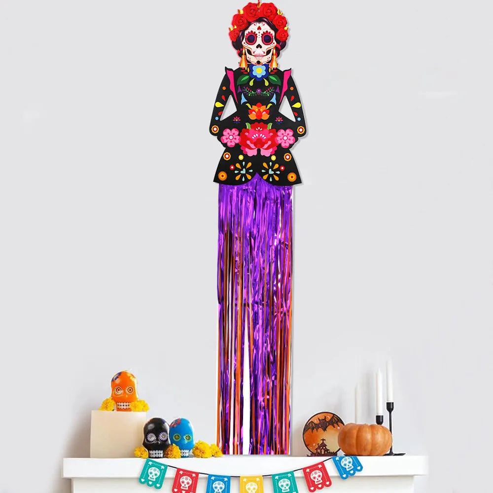 Day of the Dead Skeleton Man Tassel Pendant Halloween Decor Door Hanging Painted Skull for Home Courtyard Party