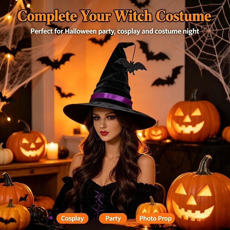 Halloween Crumpled Witch Hat Party, Witch Hat Black Velvet Witch Costume Makeup Accessories Hat Decorations