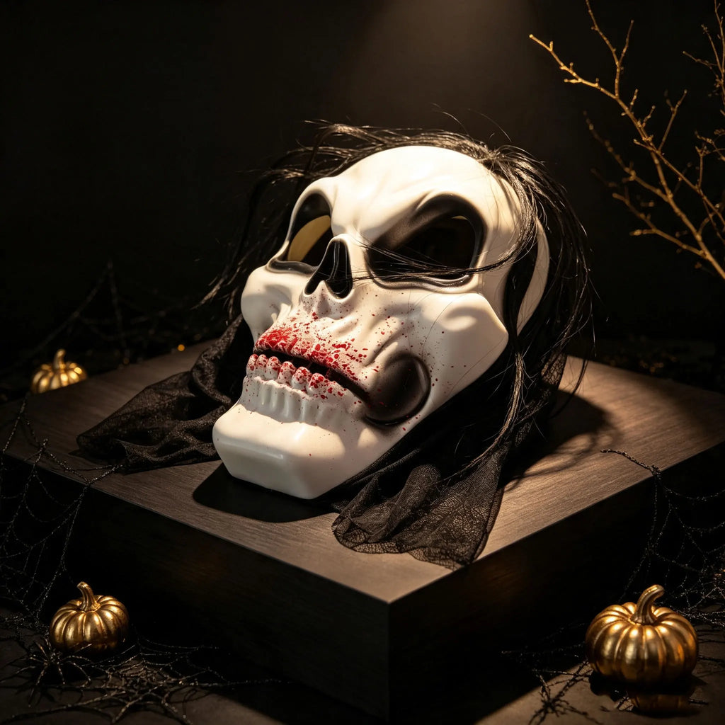 Halloween Horror Skeleton Mask Eco‑Plastic With Black Wig Mesh Hood Bloody Print Full Face Mask for Adult Masquerade Ghost Theme