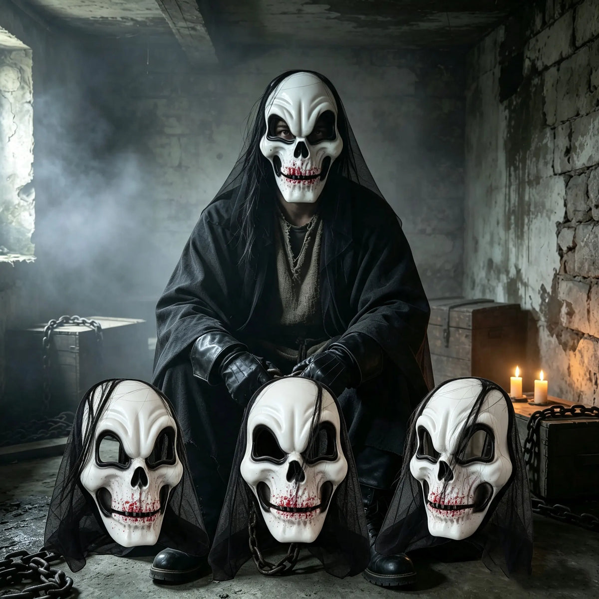 Halloween Horror Skeleton Mask Eco‑Plastic With Black Wig Mesh Hood Bloody Print Full Face Mask for Adult Masquerade Ghost Theme