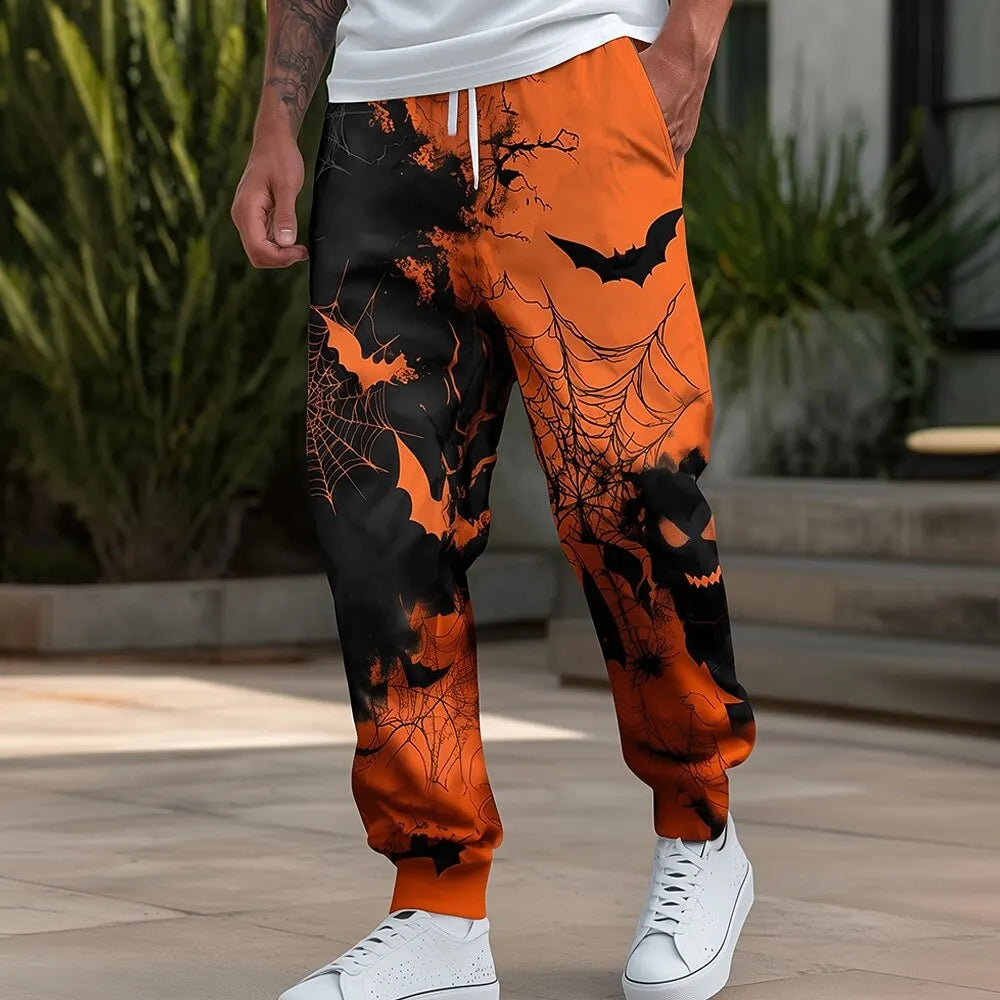 Pumpkin Bat Halloween Costumes Pants Men's Side Pockets Elastic Drawstring Sweatpants Joggers Pants Casual Trousers Fall Winter