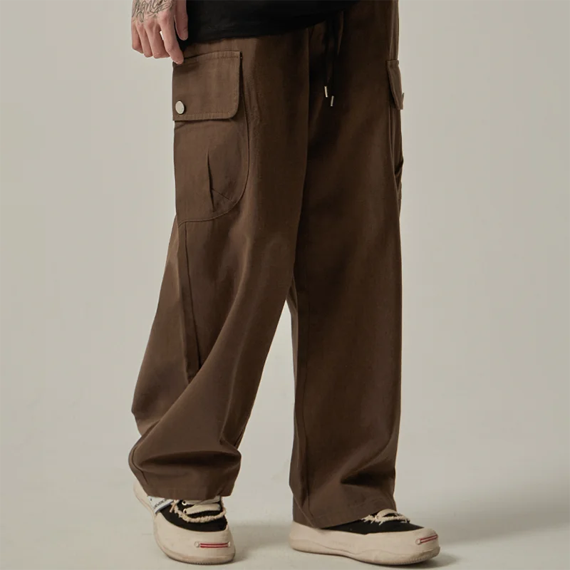 Men's Sweatpants 2025 Spring Autumn Vintage Japanese Wide Leg Straight Loose Button Big Pockets Cargo Pants Drawstring Trousers