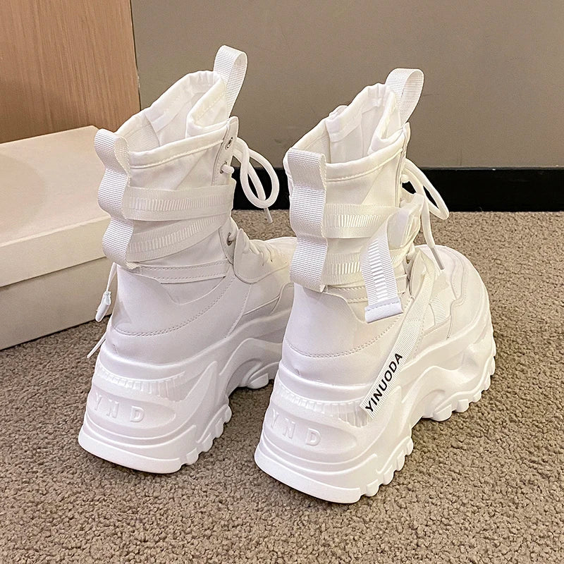 Women Ankle Boots Autumn Leather Chunky Shoes Woman High Platform Breathable Sneakers 8CM Thick Sole Wedges Motorcycles Boots