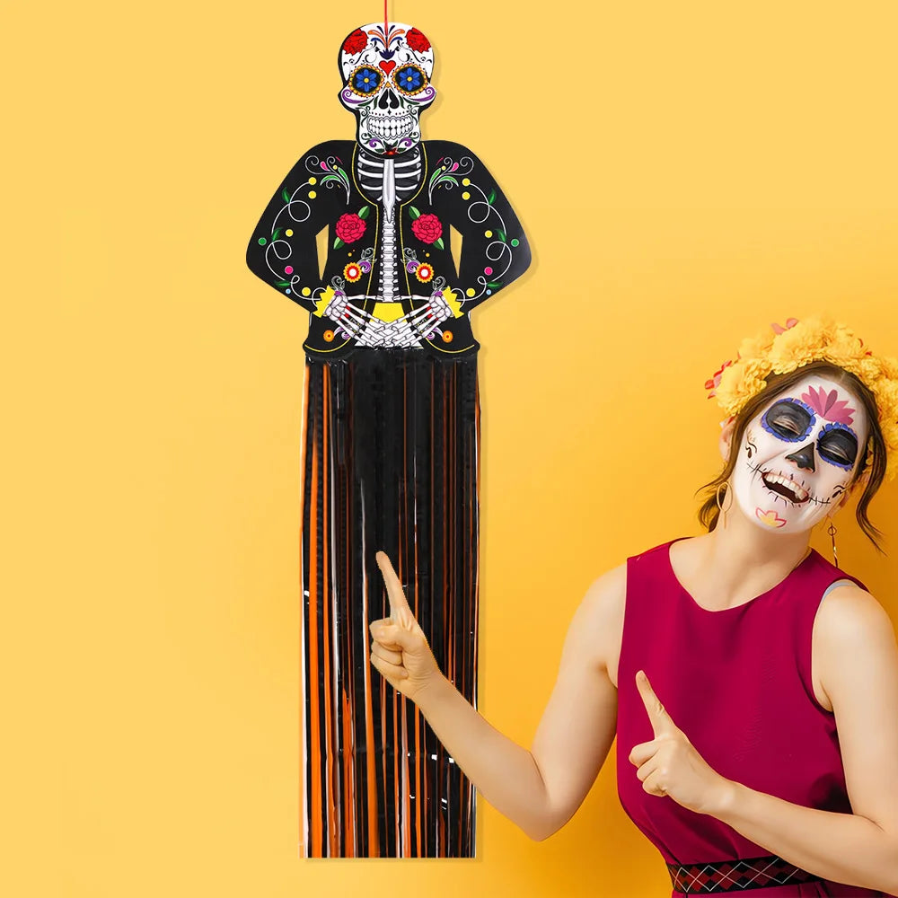 Day of the Dead Skeleton Man Tassel Pendant Halloween Decor Door Hanging Painted Skull for Home Courtyard Party