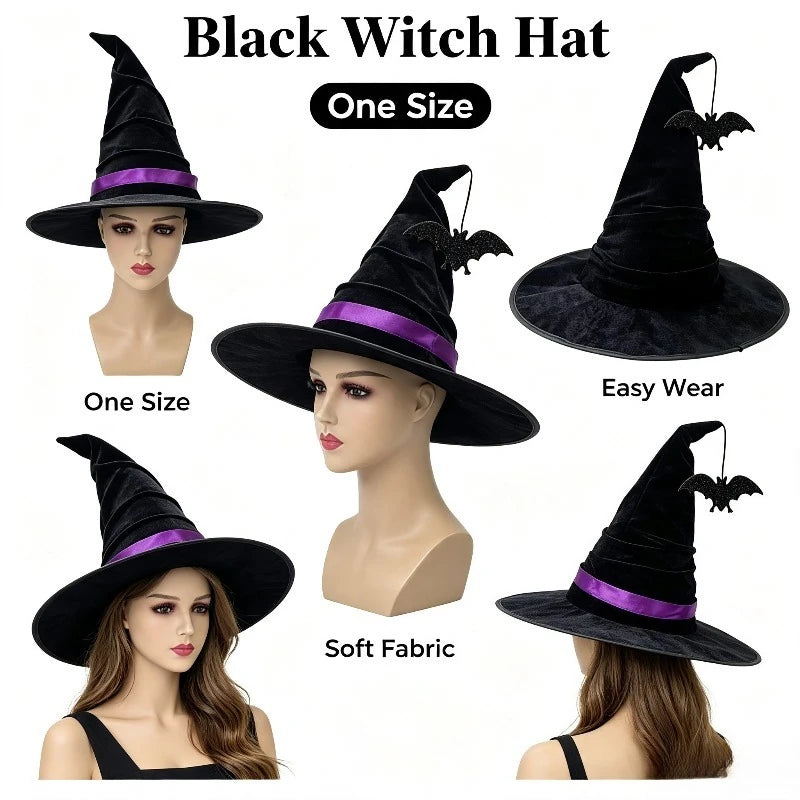Halloween Crumpled Witch Hat Party, Witch Hat Black Velvet Witch Costume Makeup Accessories Hat Decorations