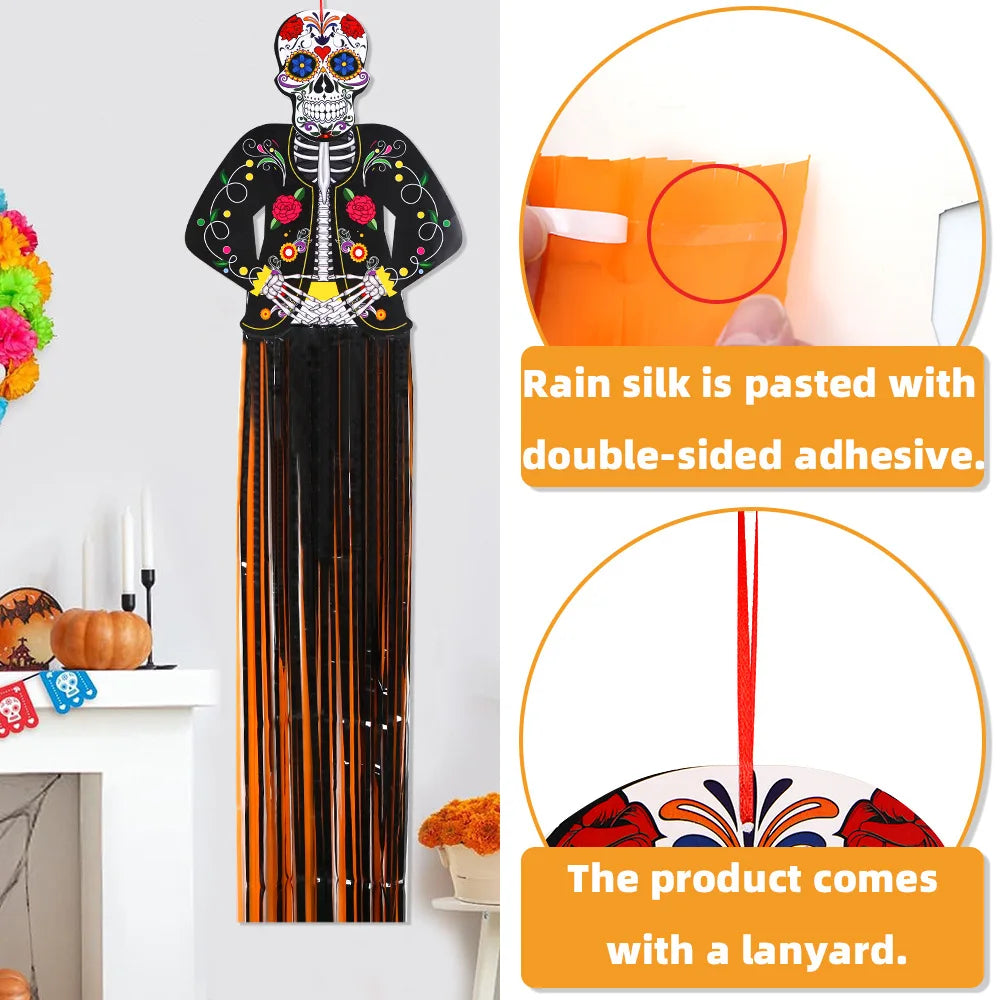 Day of the Dead Skeleton Man Tassel Pendant Halloween Decor Door Hanging Painted Skull for Home Courtyard Party