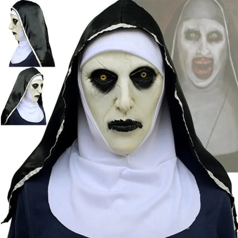 Horror The Nun Mask Cosplay Scary Bloody Demon Ghost Face Latex Masks with Headscarf Halloween Party Costume Terrifying Design