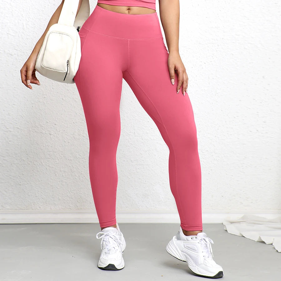 Women Leggings with Double Pockets Solid Color High Waist Butt Lifting Workout Tights Slim Elastic Pants Casual Wear