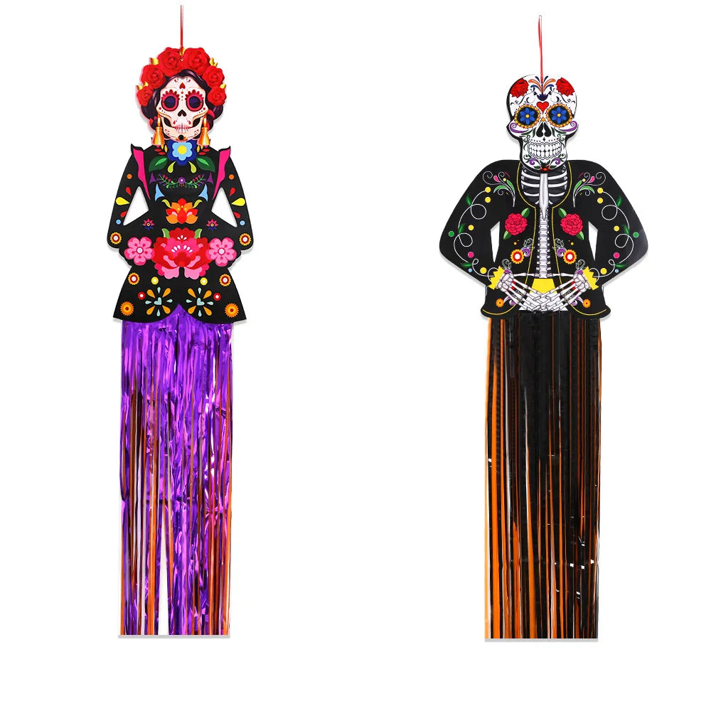 Day of the Dead Skeleton Man Tassel Pendant Halloween Decor Door Hanging Painted Skull for Home Courtyard Party