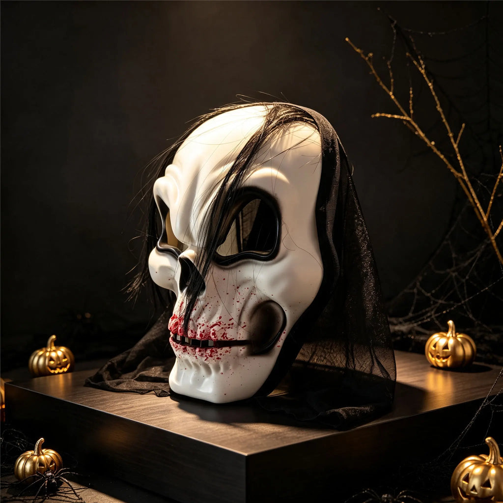 Halloween Horror Skeleton Mask Eco‑Plastic With Black Wig Mesh Hood Bloody Print Full Face Mask for Adult Masquerade Ghost Theme