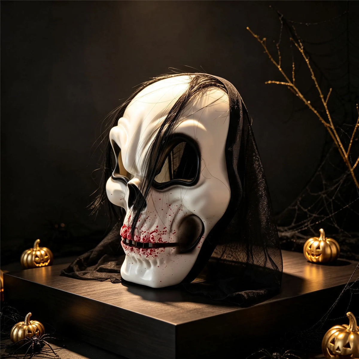 Halloween Horror Skeleton Mask Eco‑Plastic With Black Wig Mesh Hood Bloody Print Full Face Mask for Adult Masquerade Ghost Theme