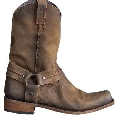 Retro Cowboy Boots Women Men Mid Calf Outdoor Boots Vintage PU Slip on Shoes Winter Gladiator Booties Unisex Brown Long Boots