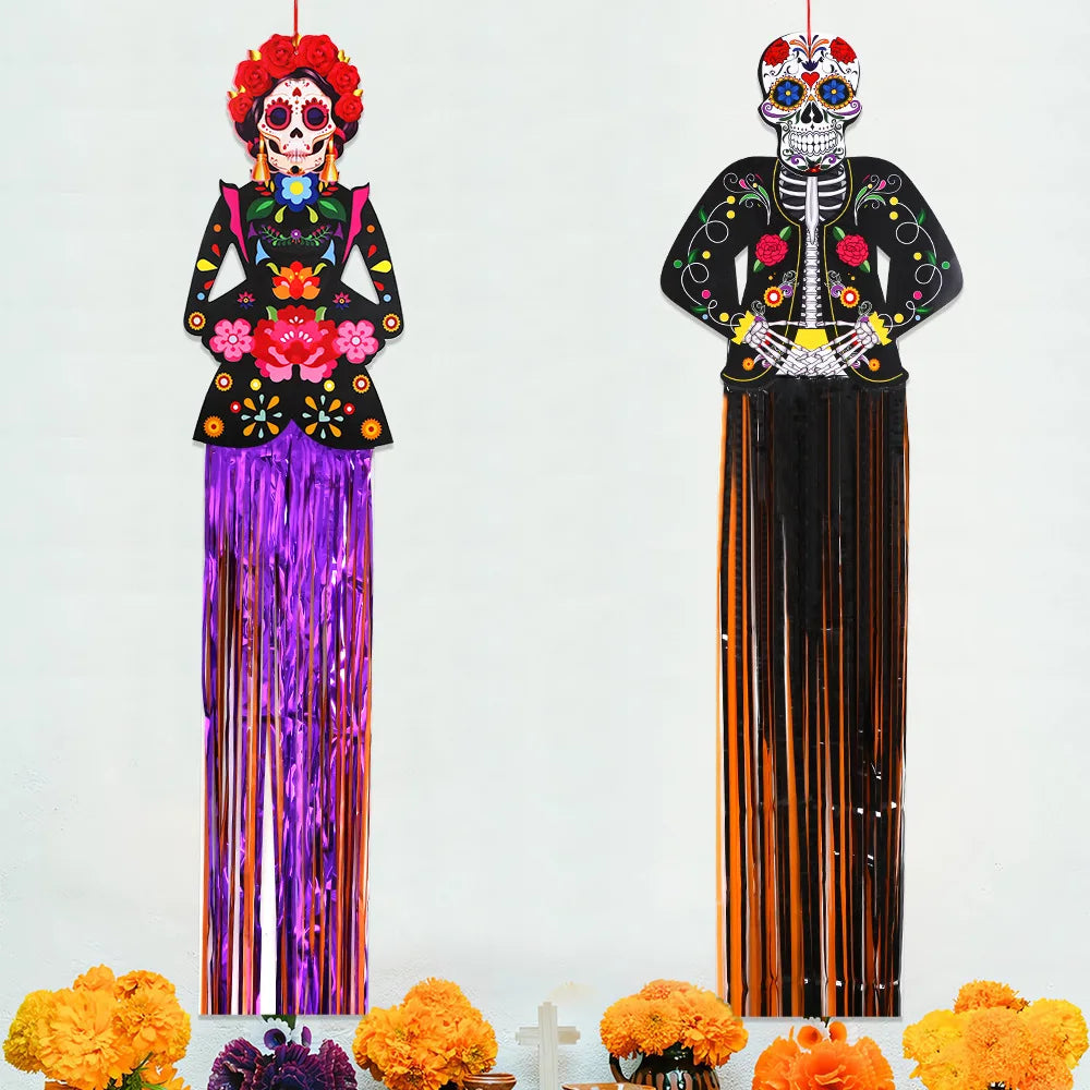 Day of the Dead Skeleton Man Tassel Pendant Halloween Decor Door Hanging Painted Skull for Home Courtyard Party