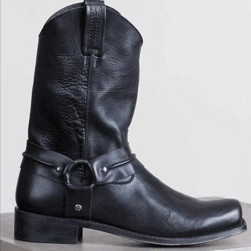 Retro Cowboy Boots Women Men Mid Calf Outdoor Boots Vintage PU Slip on Shoes Winter Gladiator Booties Unisex Brown Long Boots