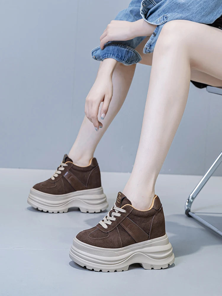Fujin  Chunky Platform Sneakers for Fall Spring 5 Inch Heel Height Genuine Leather Suede Elevator Shoes for Petite Women New