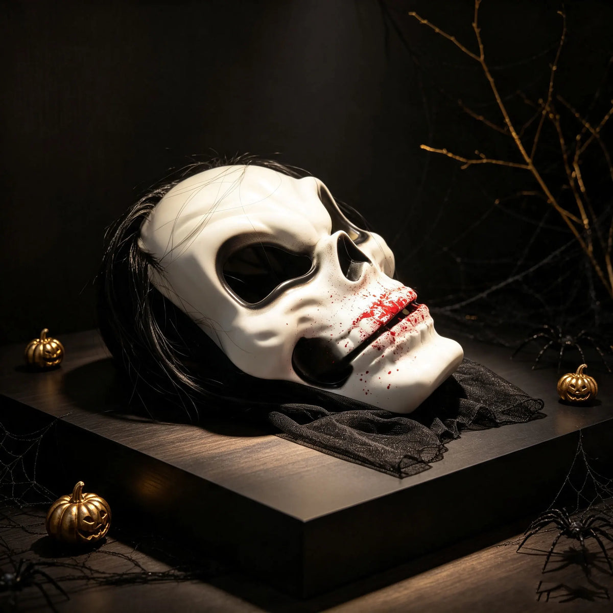 Halloween Horror Skeleton Mask Eco‑Plastic With Black Wig Mesh Hood Bloody Print Full Face Mask for Adult Masquerade Ghost Theme
