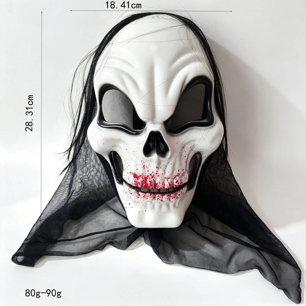 Halloween Horror Skeleton Mask Eco‑Plastic With Black Wig Mesh Hood Bloody Print Full Face Mask for Adult Masquerade Ghost Theme