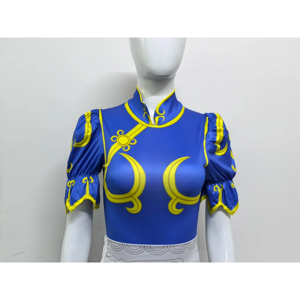 Chun Li Cosplay Costume – Street Fighter Blue Cheongsam Set with Headdress